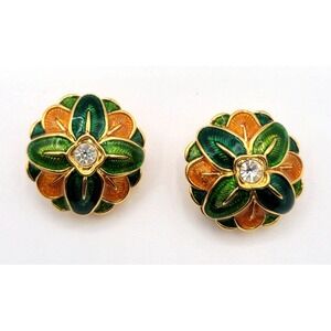 JOAN RIVERS ORANGE GREEN ENAMEL CRYSTAL FLOWER LEAVES CLIP ON‎ EARRINGS SIGNED